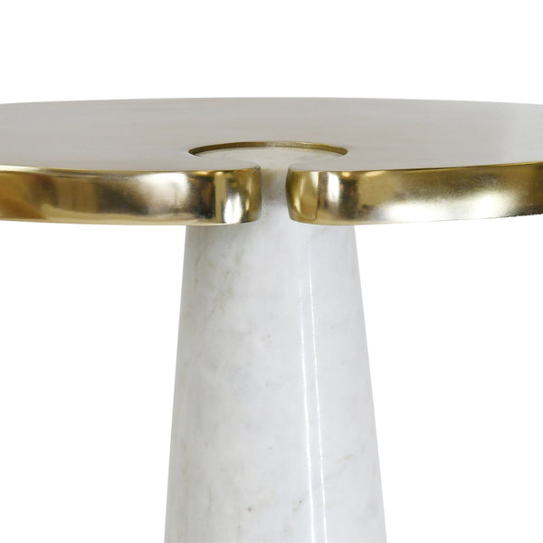 OVAL SIDE TABLE WITH BRASS TOP AND WHITE MARBLE PEDESTAL BASE