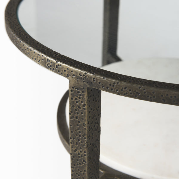 Felicity 15.8L X 15.8W X 22.5H Glass Top W/ White Marble Shelf and Antique Gold Base End/Side Table