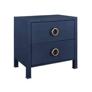 TWO DRAWER SIDE TABLE WITH ANTIQUE BRASS CIRCLE HARDWARE IN TEXTURED NAVY LINEN