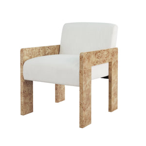 SQUARE ARM WOODEN ACCENT CHAIR IN BURL WOOD WITH PERFORMANCE WHITE LINEN UPHOLSTERY