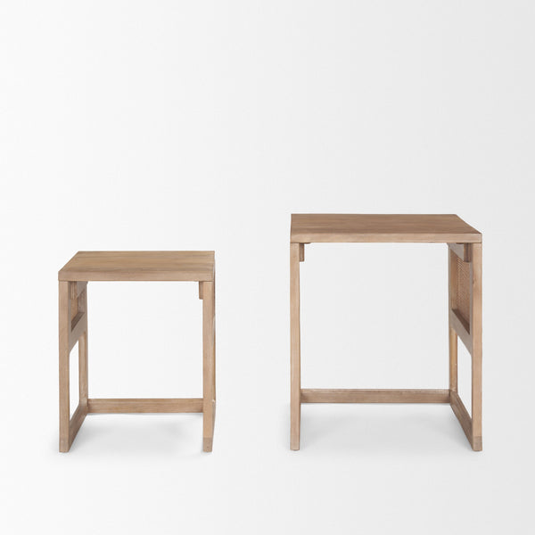 Grier Set of 2 Light Brown Solid Wood w/ Cane Nesting Accent Tables