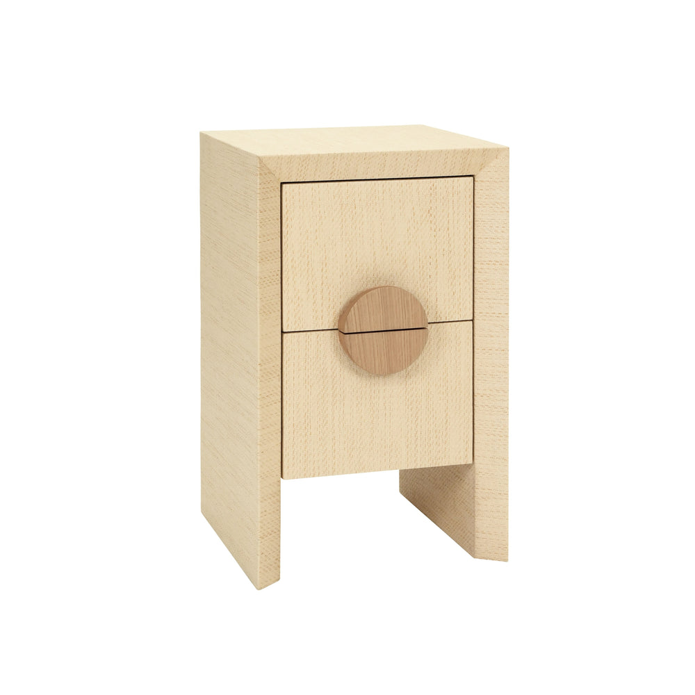 TWO DRAWER SMALL SIDE TABLE IN NATURAL GRASSCLOTH WITH CERUSED OAK HANDLES
