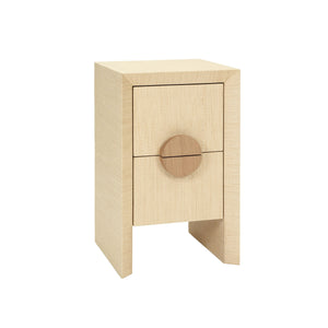 TWO DRAWER SMALL SIDE TABLE IN NATURAL GRASSCLOTH WITH CERUSED OAK HANDLES