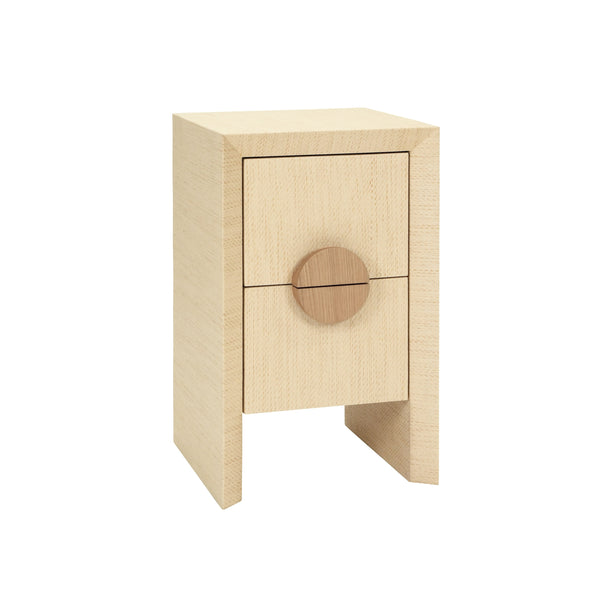 TWO DRAWER SMALL SIDE TABLE IN NATURAL GRASSCLOTH WITH CERUSED OAK HANDLES