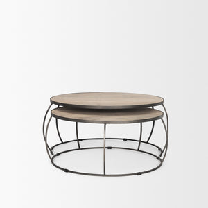 Clapp Round Light Brown W/ White Wash Wood and Silver Metal Nesting Coffee Tables (Set of 2)
