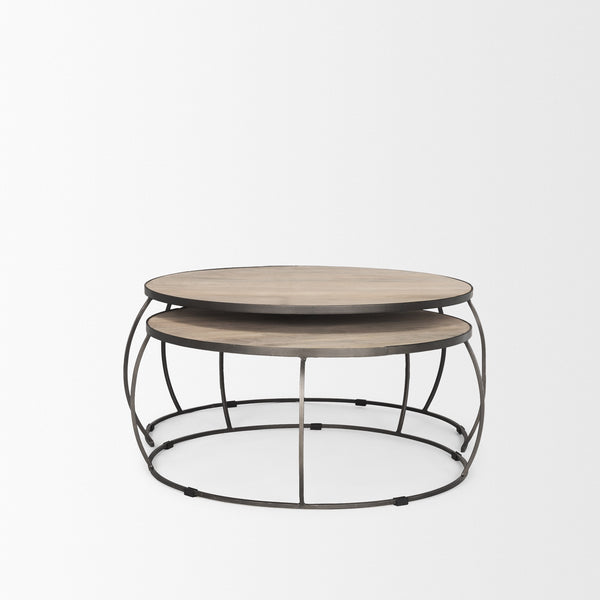 Clapp Round Light Brown W/ White Wash Wood and Silver Metal Nesting Coffee Tables (Set of 2)