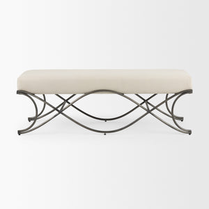 Ayla 55L x 17.6W x 18H Cream Fabric Seat W/ Antique Nickel Frame Bench