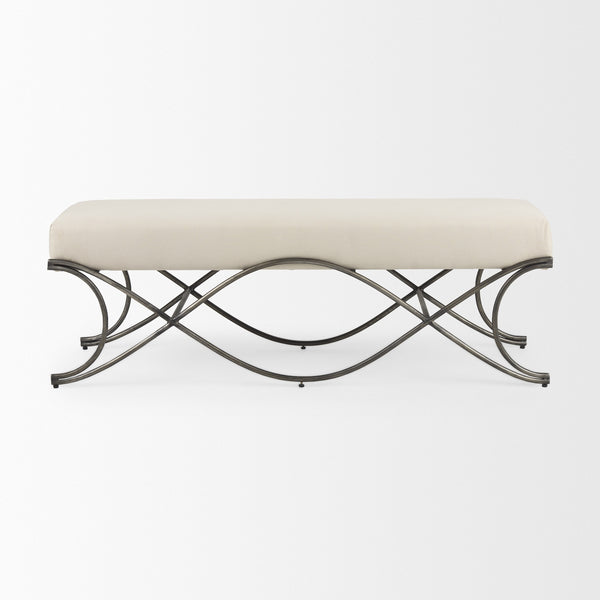 Ayla 55L x 17.6W x 18H Cream Fabric Seat W/ Antique Nickel Frame Bench