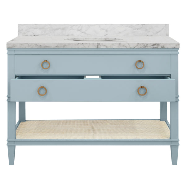 BATH VANITY IN MATTE LIGHT BLUE LACQUER WITH OPEN CANE SHELF, WHITE MARBLE TOP, PORCELAIN SINK, AND ANTIQUE BRASS RING HARDWARE, 48" WIDE