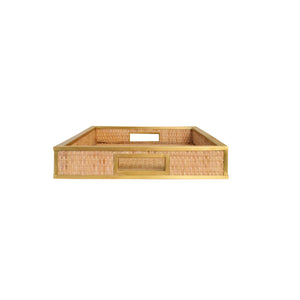 RECTANGULAR NATURAL WICKER RATTAN TRAY WITH FRAMED BRASS EDGE