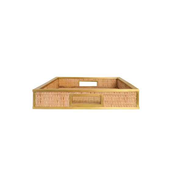 RECTANGULAR NATURAL WICKER RATTAN TRAY WITH FRAMED BRASS EDGE