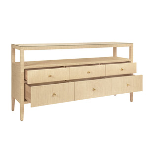 SIX DRAWER CONSOLE WITH OPEN SHELF IN NATURAL GRASSCLOTH WITH POLISHED BRASS KNOBS