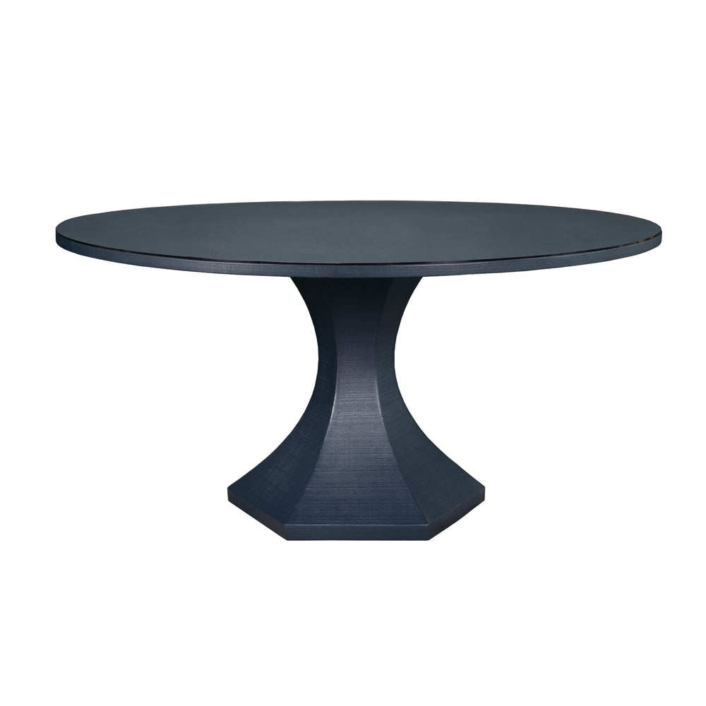 ROUND DINING TABLE WITH HEXAGONAL TAPERED BASE IN NAVY TEXTURED LINEN