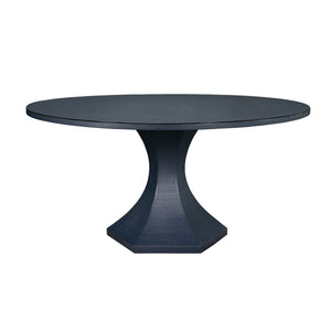 ROUND DINING TABLE WITH HEXAGONAL TAPERED BASE IN NAVY TEXTURED LINEN