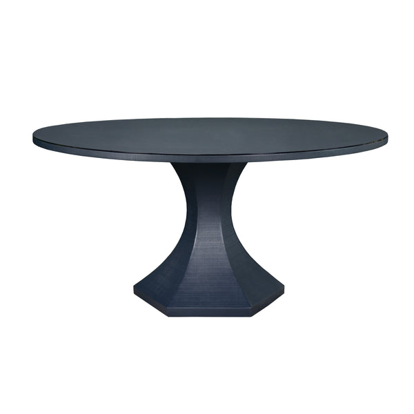 ROUND DINING TABLE WITH HEXAGONAL TAPERED BASE IN NAVY TEXTURED LINEN