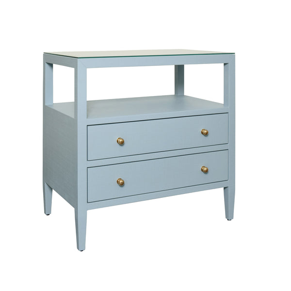 TWO DRAWER SIDE TABLE WITH OPEN TOP SHELF IN TEXTURED LIGHT BLUE LINEN WITH POLISHED BRASS KNOBS