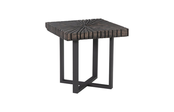 Chainsaw Side Table, Burnt Black, Black Iron Cross Base
