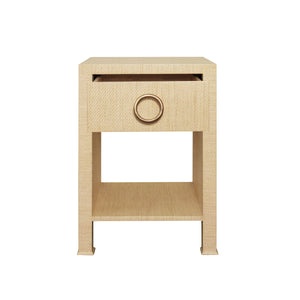 ONE DRAWER SIDE TABLE WITH ANTIQUE BRASS CIRCLE HARDWARE IN NATURAL GRASSCLOTH