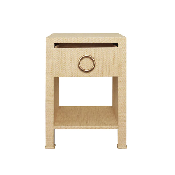 ONE DRAWER SIDE TABLE WITH ANTIQUE BRASS CIRCLE HARDWARE IN NATURAL GRASSCLOTH