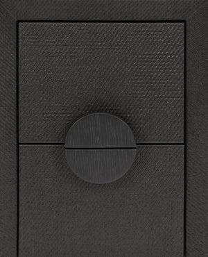 TWO DRAWER SMALL SIDE TABLE IN BLACK PAINTED GRASSCLOTH WITH BLACK OAK HANDLES