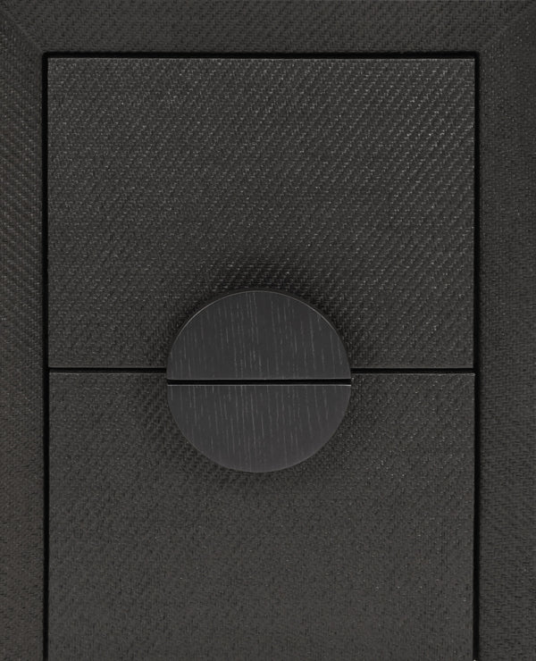 TWO DRAWER SMALL SIDE TABLE IN BLACK PAINTED GRASSCLOTH WITH BLACK OAK HANDLES