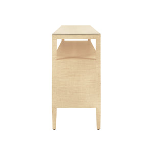 SIX DRAWER CONSOLE WITH OPEN SHELF IN NATURAL GRASSCLOTH WITH POLISHED BRASS KNOBS