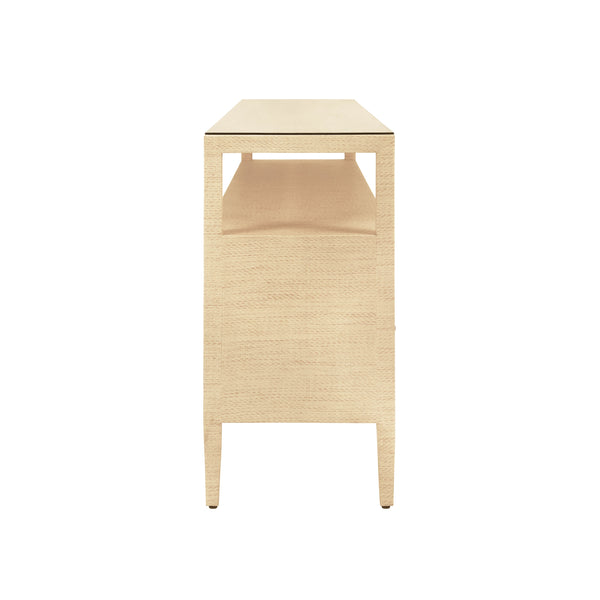 SIX DRAWER CONSOLE WITH OPEN SHELF IN NATURAL GRASSCLOTH WITH POLISHED BRASS KNOBS