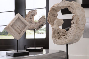 Eroded Wood Circle Sculpture on Stand , Assorted