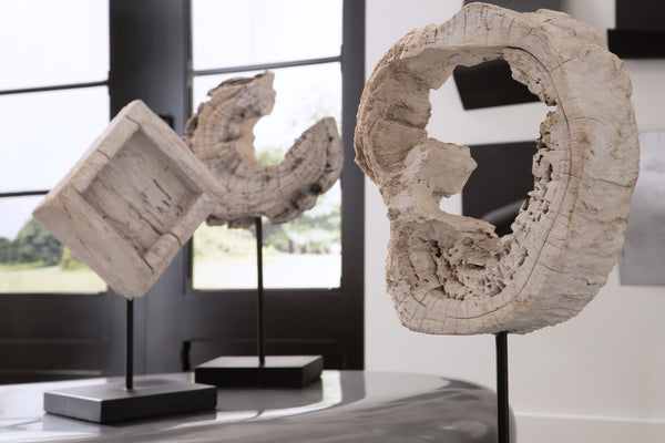Eroded Wood Circle Sculpture on Stand , Assorted