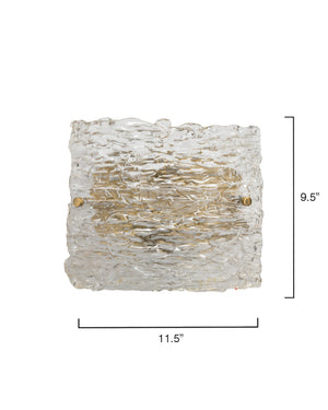 Swan Curved Glass Sconce, Large, Clear Textured Glass and Antique Brass Metal