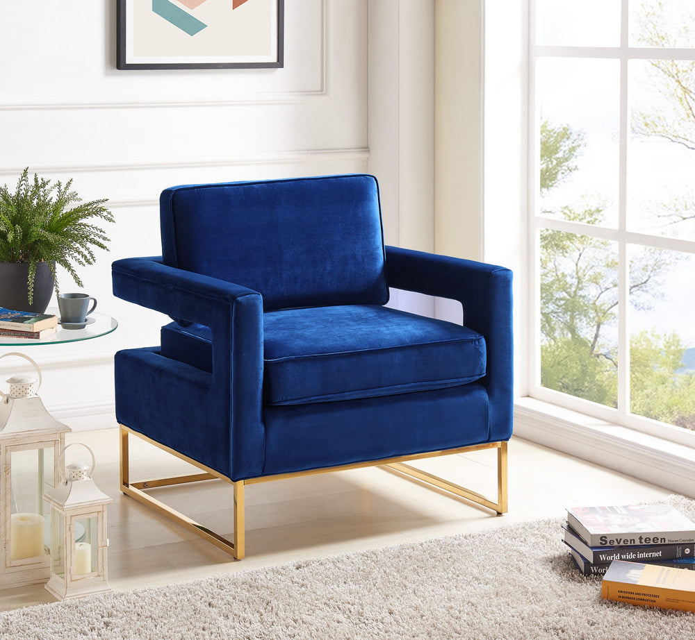 Alfonso Accent Chair In Navy Velvet And Gold Stainless Steel Base
