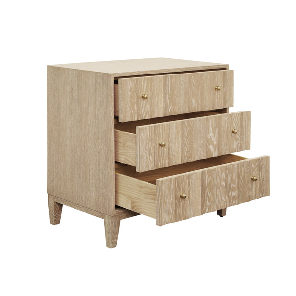 THREE DRAWER SIDE TABLE WITH FLUTED DETAIL IN CERUSED OAK