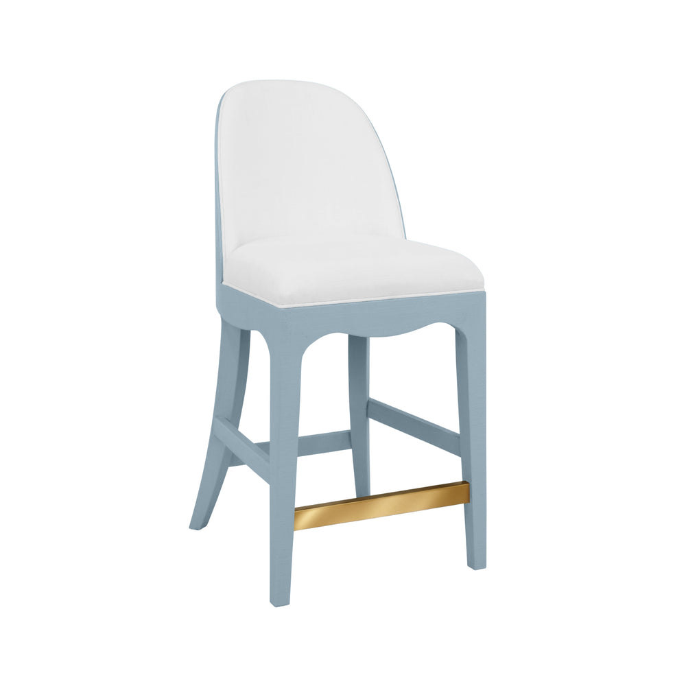CURVED COUNTER STOOL WITH SATIN BRASS RING HARDWARE ON BACK IN PERFORMANCE WHITE LINEN UPHOLSTERY AND TEXTURED LIGHT BLUE LINEN FRAME