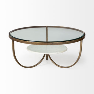 Reinhardt 36" Round Glass Top Marble Shelf Gold Metal Base Coffee Table