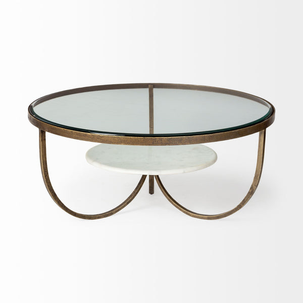 Reinhardt 36" Round Glass Top Marble Shelf Gold Metal Base Coffee Table