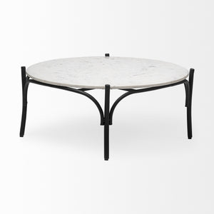 Etienne 36" Round White Marble Top Black Metal Base Coffee Table