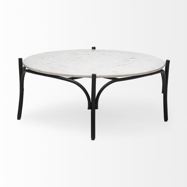 Etienne 36" Round White Marble Top Black Metal Base Coffee Table