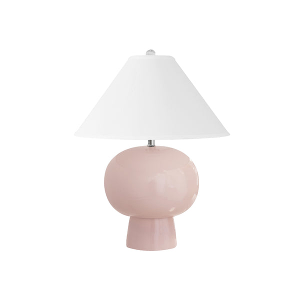 BULB SHAPE CERAMIC TABLE LAMP WITH WHITE LINEN COOLIE SHADE IN BLUSH