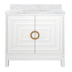 BATH VANITY IN MATTE WHITE LACQUER WITH ANTIQUE BRASS CIRCLE HARDWARE, WHITE MARBLE TOP, AND PORCELAIN SINK
