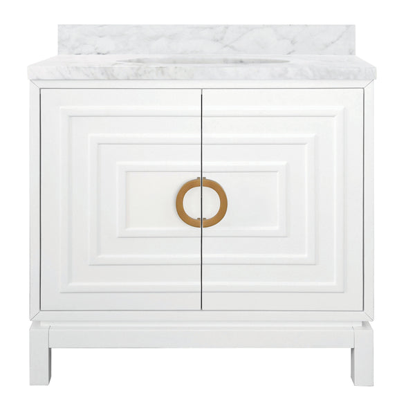 BATH VANITY IN MATTE WHITE LACQUER WITH ANTIQUE BRASS CIRCLE HARDWARE, WHITE MARBLE TOP, AND PORCELAIN SINK