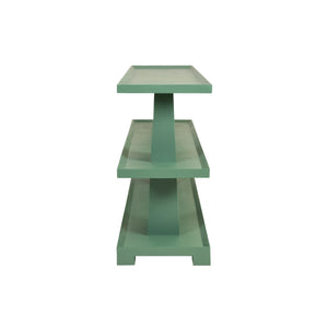 THREE TIER TWO COLUMN CONSOLE IN TEXTURED GREEN LINEN