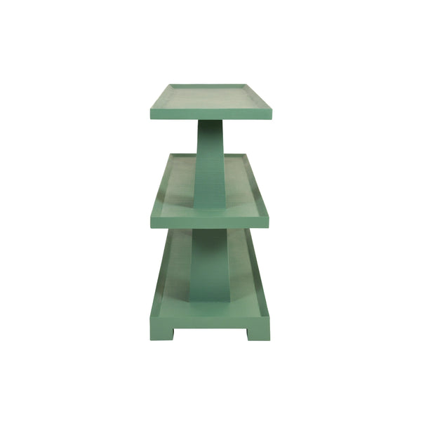 THREE TIER TWO COLUMN CONSOLE IN TEXTURED GREEN LINEN