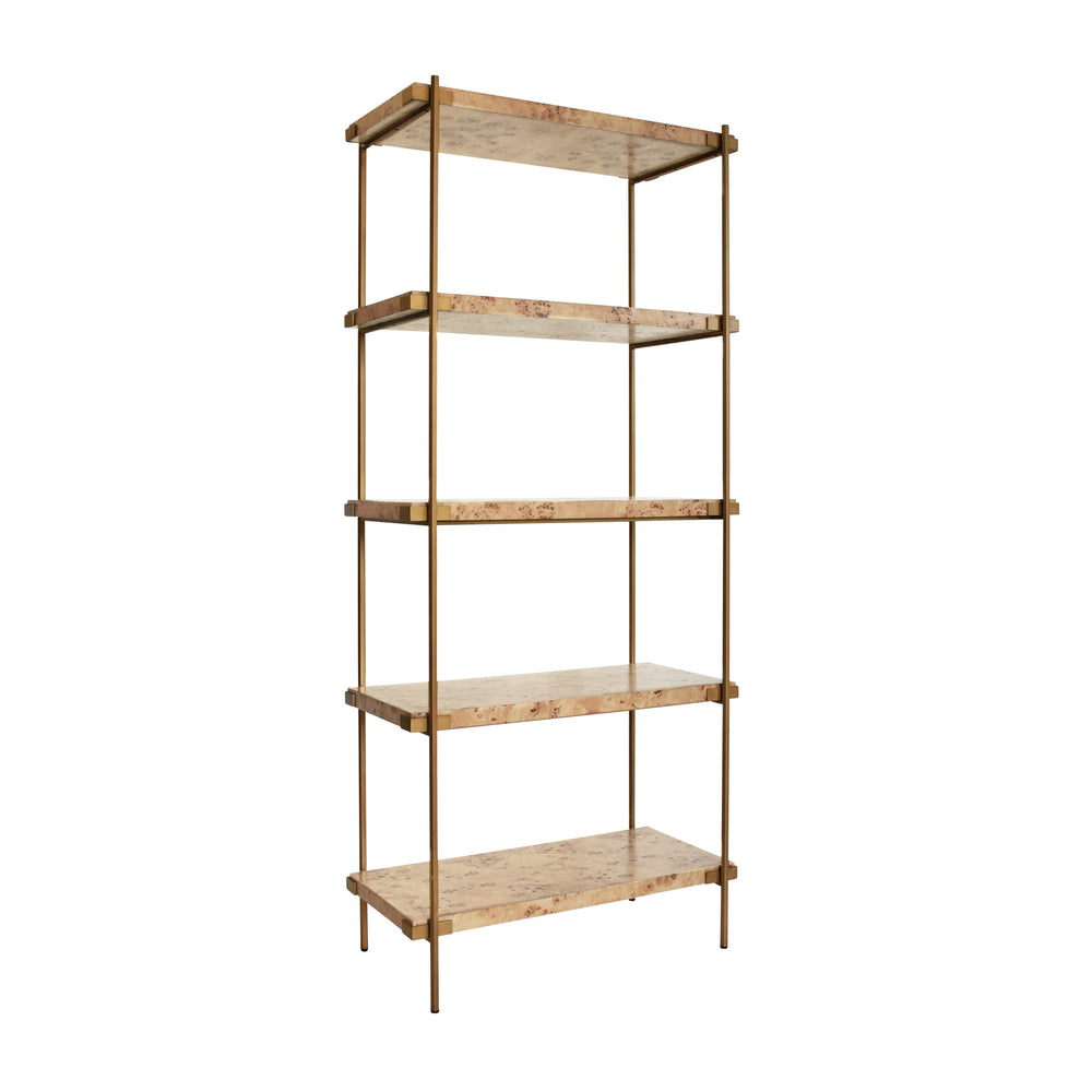 ANTIQUE BRASS ETAGERE WITH SHELVES IN BURL WOOD