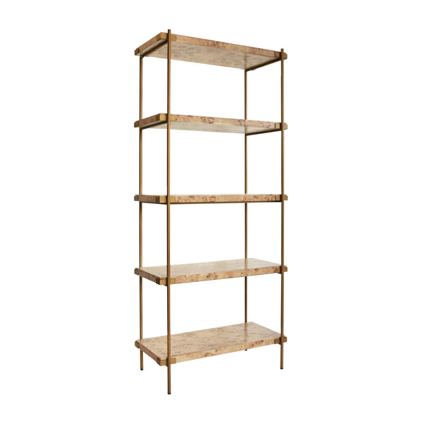 ANTIQUE BRASS ETAGERE WITH SHELVES IN BURL WOOD