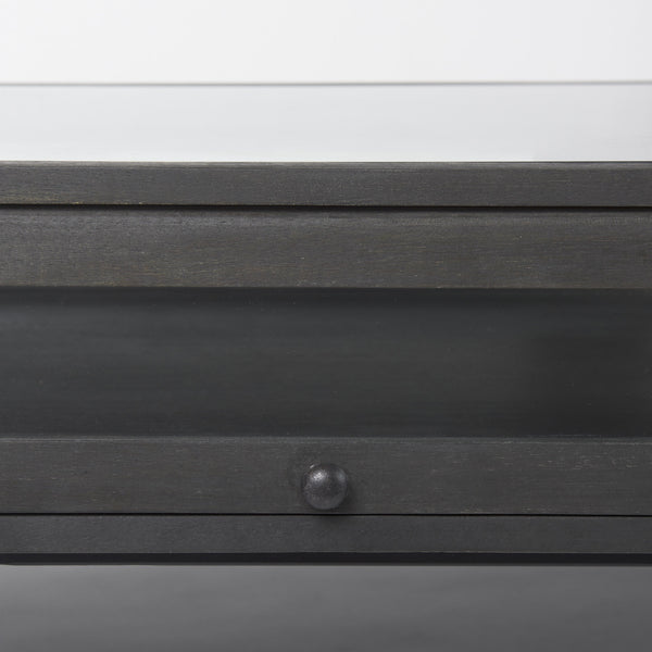Arelius 42"L Rectangular Glass-Top Black-Brown Wood w/ Black Metal Base Display Coffee Table