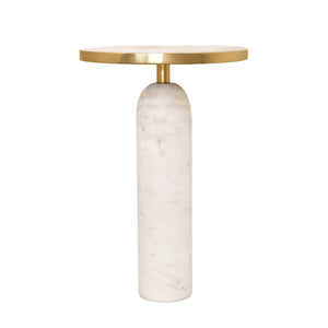 ROUND SIDE TABLE WITH BRASS TOP AND WHITE MARBLE PEDESTAL BASE
