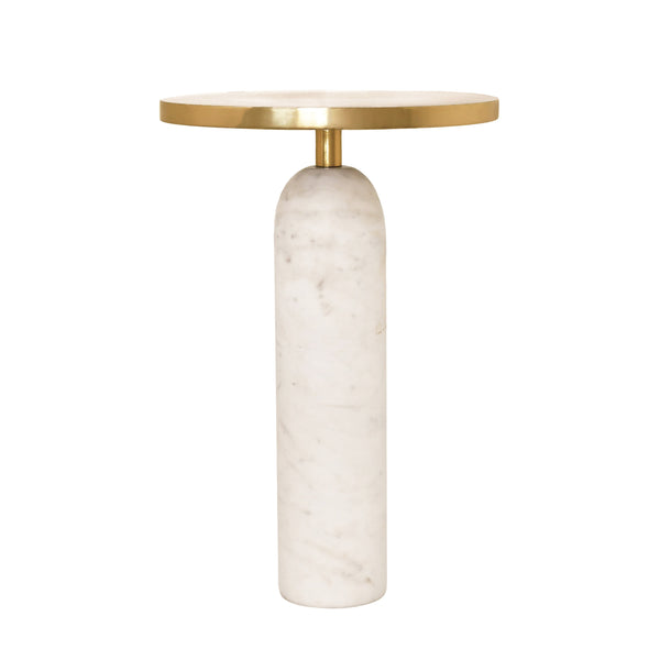 ROUND SIDE TABLE WITH BRASS TOP AND WHITE MARBLE PEDESTAL BASE