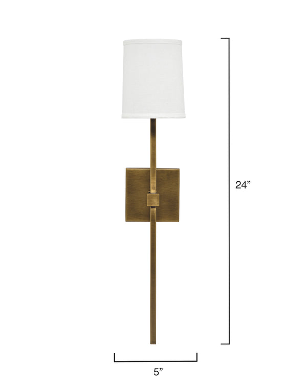 Minerva Wall Sconce, Antique Brass With White Linen Shade