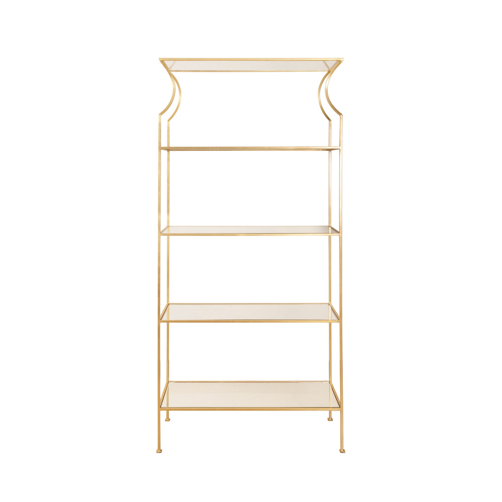 FLARED TOP ETAGERE WITH CLEAR GLASS SHELVES IN GOLD LEAF