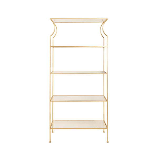 FLARED TOP ETAGERE WITH CLEAR GLASS SHELVES IN GOLD LEAF